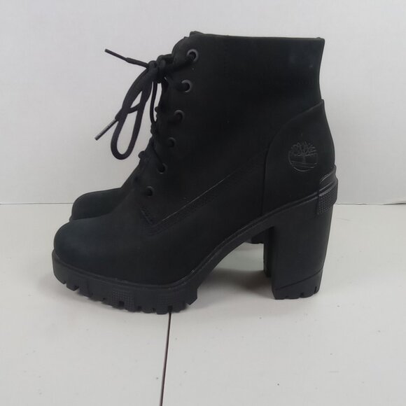 Timberland Women’s Black Heeled Lace-Up Boots | Chunky Heel Combat Style sz7.5 - Picture 1 of 8